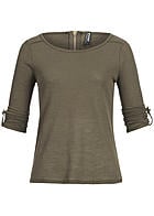 Hailys Damen Longsleeve OLIVE AM-0814195 Turn-Up Ärmel Zipper hinten khaki - Art.-Nr.: 15080975