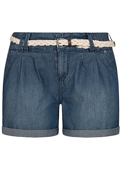 Eight2Nine Dames Korte broek met 5 zakken en gevlochten riem donkerblauw - Art.-Nr.: 20052434