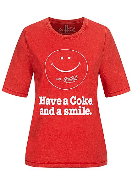 ONLY Damen T-Shirt Coca Cola Smiley Print high risk rot weiss melange - Art.-Nr.: 20052670