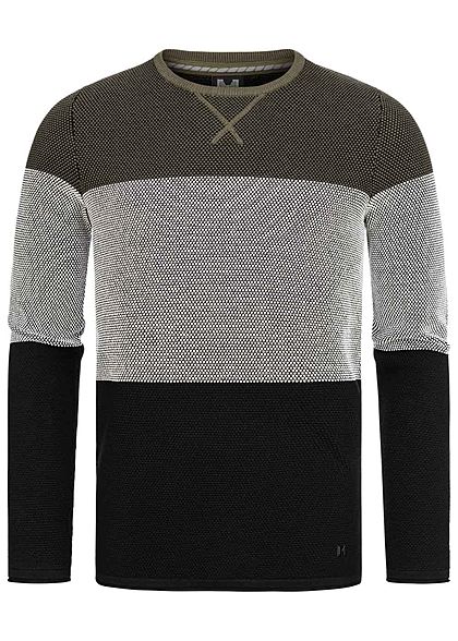 Hailys Herren 3-Tone Sweater Rollkanten Streifen Muster khaki grn weiss schwarz - Art.-Nr.: 20104665