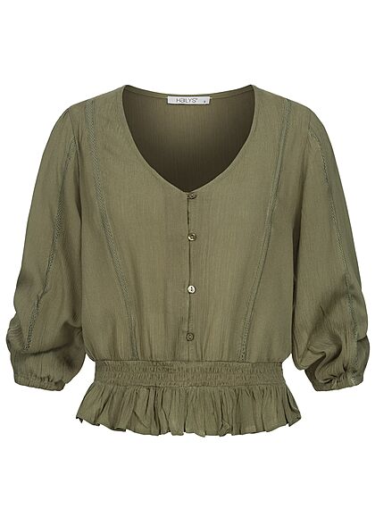 Hailys Dames 3/4 V-Neck Blouse Shirt khaki groen - Art.-Nr.: 21062892