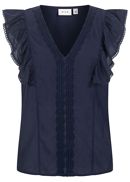 VILA Damen V-Neck Top mit Rschen und Spitzendetails navy blazer blau - Art.-Nr.: 22040457