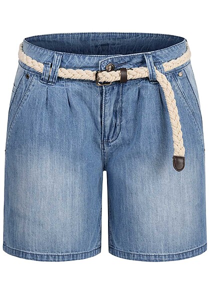 Cloud5ive Dames Jeans Korte broek met 5 zakken en riem blauw - Art.-Nr.: 22057187
