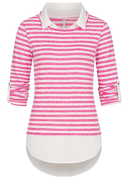 Hailys Dames 2in1 shirt pullover met omgeslagen mouw roza wit - Art.-Nr.: 23010130