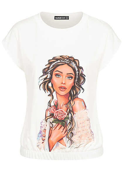 Cloud5ive Dames T-shirt van viscose met portretprint wit - Art.-Nr.: 23036649