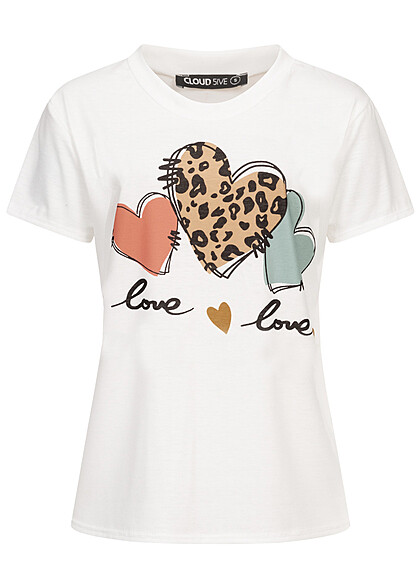 Cloud5ive Damen T-Shirt mit Rundhals und Herz Love Print weiss - Art.-Nr.: 23066131
