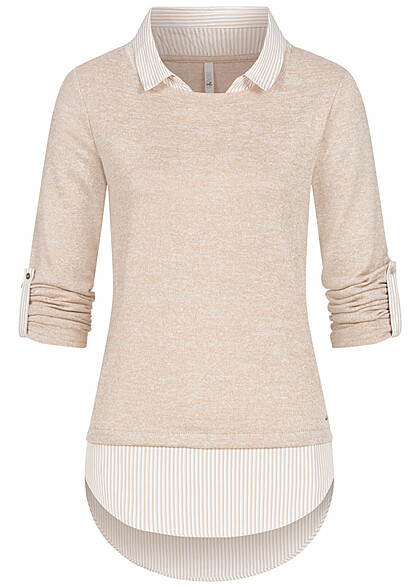 Hailys Dames 2in1 Shirt en Sweater met omslagmouwen en strepen beige - Art.-Nr.: 23120039