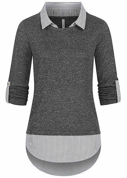 Hailys Dames 2in1 Shirt en Sweater met omslagmouwen en strepen donkergrijs - Art.-Nr.: 23120040