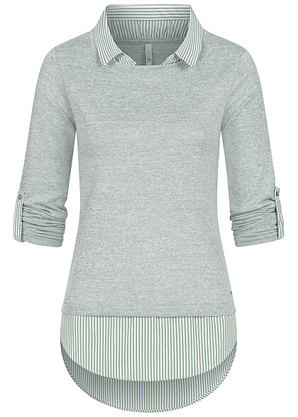 Hailys Dames 2in1 Shirt en Sweater met omslagmouwen en strepen lichtgroen - Art.-Nr.: 23120041