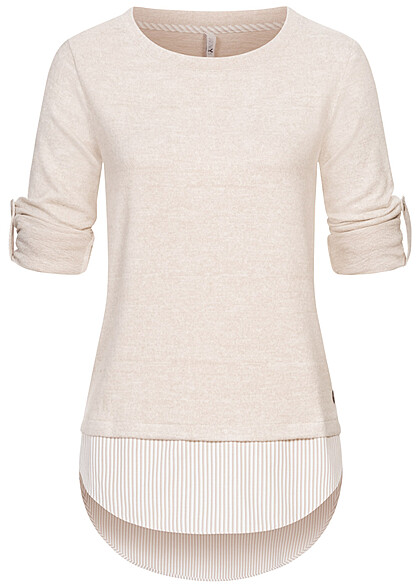 Hailys Dames 2in1 Sweater met omslagmouwen en strepen beige - Art.-Nr.: 23120042