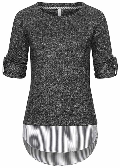 Hailys Dames 2in1 Sweater met omslagmouwen en strepen donkergrijs - Art.-Nr.: 23120043