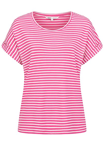 ONLY Dames NOOS T-Shirt met omgeslagen mouwen en strepen roze wit - Art.-Nr.: 24010050
