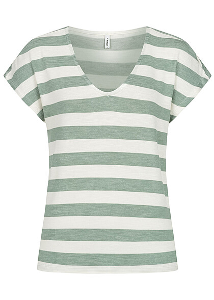 ONLY Dames NOOS T-Shirt met v-hals en strepen groen wit - Art.-Nr.: 24020048