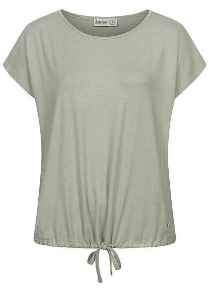 Sublevel Dames T-Shirt met ronde hals en trekkoorden in de zoom lichtgroen - Art.-Nr.: 24040070