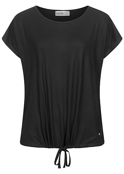 Sublevel Dames T-Shirt met ronde hals en trekkoorden in de zoom zwart - Art.-Nr.: 24040071