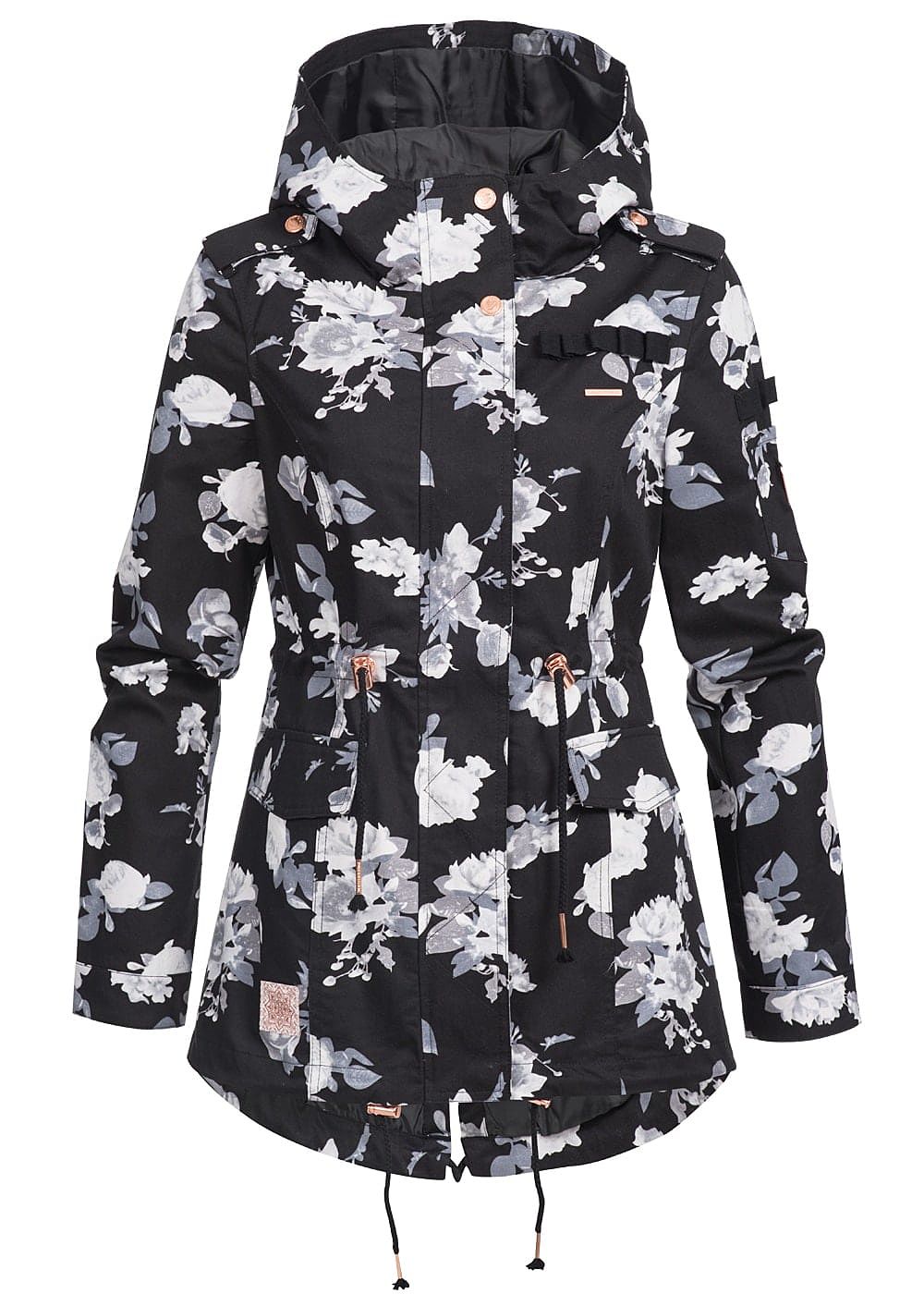 Aiki Damen Übergangs Parka Kapuze Blumen Muster 2 Taschen ...
