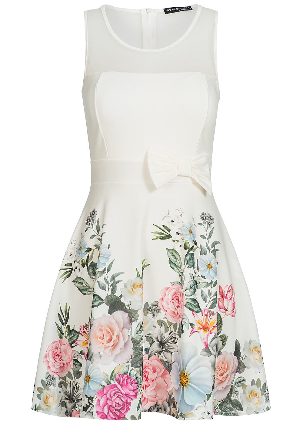 Styleboom Fashion Damen Mini Kleid Blumen Print Mesh Detail Schleife Weiss Rosa Grun