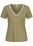 ONLY Damen V-Neck Melange Lurex T-Shirt mit Spitze & Deko Perlen martini oliv grn