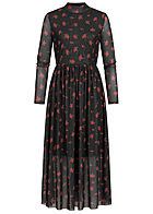 Tom Tailor Damen High-Neck Longform Mesh Kleid 2-lagig Blumen Muster schwarz rot
