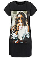 Styleboom Fashion Dames T-Shirt Jurk Vrouw Cup Print zwart