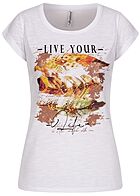 Seventyseven Lifestyle Damen T-Shirt Life Feder Print Paillettenbesatz weiss gelb