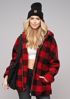 Urban Classics Dames Oversized Teddyfell Zip-Hoodie met Ruitpatroon rood zwart
