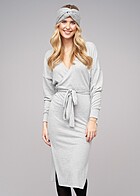 Vero Moda Dames lange vorm jurk met bindceintuur en v-hals lichtgrijs