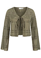 VILA Damen leichter kurzer V-Neck Cardigan m. Bindedetail vorne Blumen Muster leaf oliv