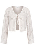 VILA Damen leichter kurzer V-Neck Cardigan m. Bindedetail vorne Blumen Muster snow weiss