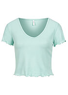 ONLY Damen Ribbed V-Neck Crop Top T-Shirt mit Frilldetails pastel trkis