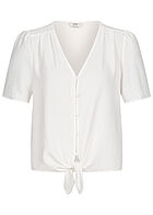 ONLY Damen V-Neck Top mit Knopfleiste und Knotendetail cloud dancer weiss