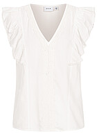VILA Damen V-Neck Top mit Rschen und Spitzendetails cloud dancer weiss