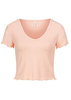ONLY Dames Top met V-hals en korte mouwen met ruches details beige