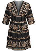 Cloud5ive Damen Kleid mit Flgelrmeln tiefer V-Neck All Over Print schwarz beige