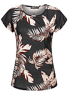 Cloud5ive Damen Rundhals Top T-Shirt mit Bltter Print schwarz beige