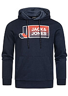 Jack and Jones Heren Hoodie met Kangaroezak en Logo Print navy blauw