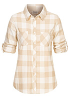 Urban Classics Dames Blouse Turn Up Shirt Ruitjespatroon wit en lighttaupe wit