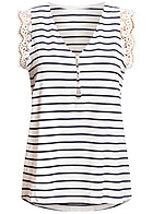 Cloud5ive Dames Viscose top met kantdetails & knopen gestreept wit marineblauw