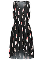 Cloud5ive Damen Viskose Vokuhila Wickel Kleid mit Feder Print AOP schwarz
