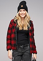 Brandit Dames Teddyfleece Jas met Capuchon en Rits 3-Zakken geruit rood zwart