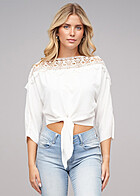 Cloud5ive Dames Musselin Top met kant en knoopdetail wit