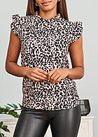 Cloud5ive Dames Choker Top met vleugel mouwen en All Over Leo print beige zwart
