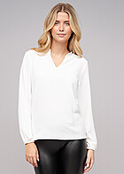 Cloud5ive Damen Musselin Bluse mit V-Neck und Stehkragen Ärmel mit Gummibund weiss