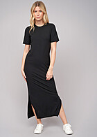Pieces Damen NOOS Maxi Kurzarm Kleid mit Rundhals und Schlitzen schwarz