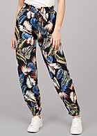 Cloud5ive Dames Crpe Broek met strikceintuur en tropical print marine blauw