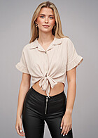 Cloud5ive Dames Crop Blouse met knopen en knoop beige