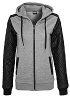 Urban Classics Dames Zip-Hoodie met Kunstleren Mouwen en 2-Zakken grijs zwart