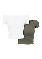Urban Classics Damen 2er Pack Ribbed Off-Shoulder Top weiss und olive grn
