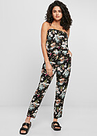 Urban Classics Damen Viskose Bandeau Jumpsuit mit Tropical Print schwarz weiss grn