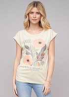 Cloud5ive Dames T-shirt met omgeslagen mouwen en Live Simple print zandbeige